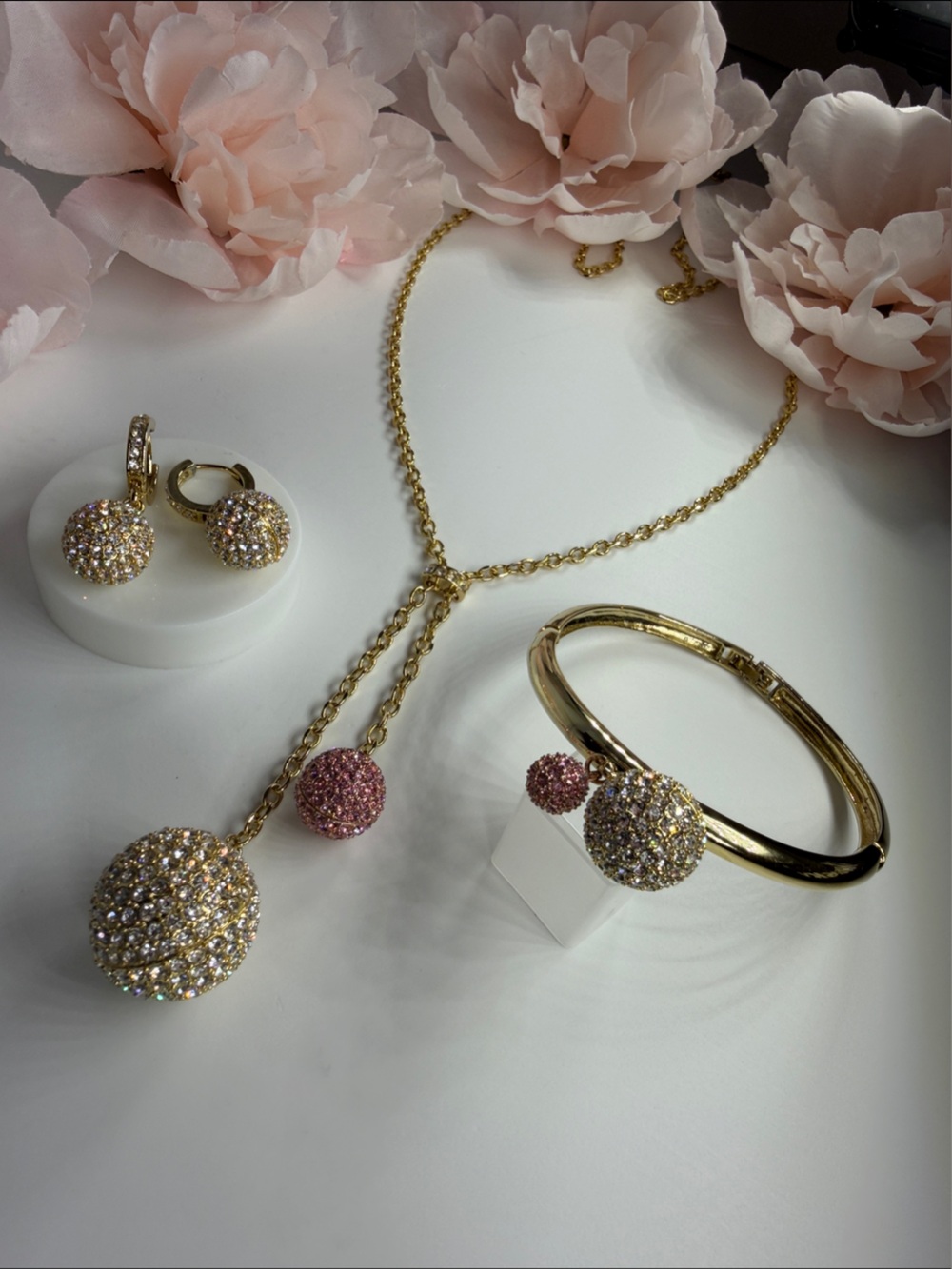 Gold-Tone Crystal Ball long Necklace, Bracelet and earring Set with Pink